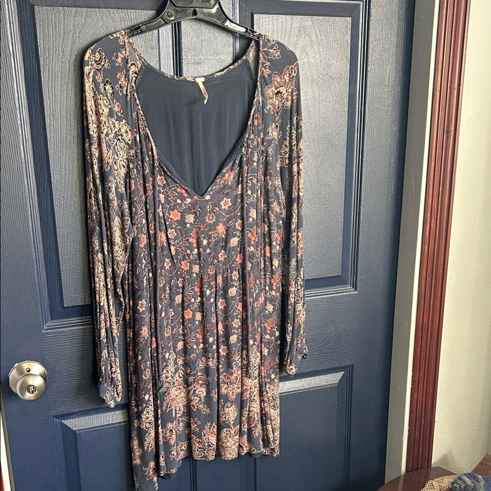 Free People Floral Long Sleeve Dress in Navy and Orange